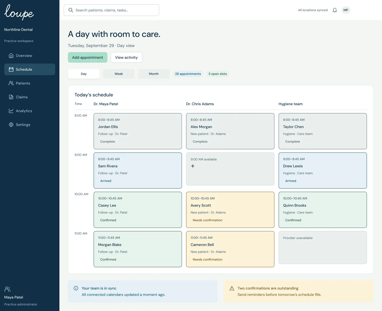 Loupe schedule for a sample practice: a day view across two dentists and the hygiene team, with each appointment's status and a note that two confirmations are outstanding.